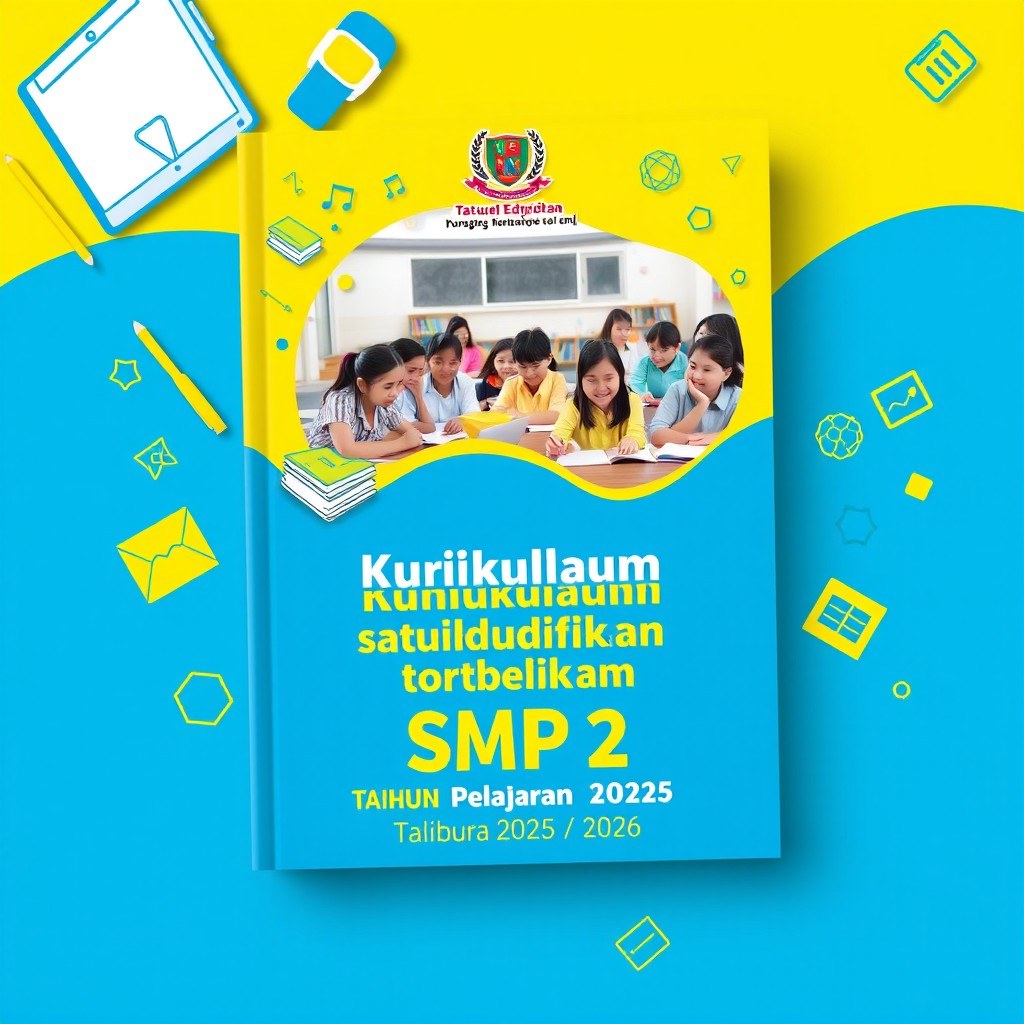 A vibrant and engaging cover design for a book titled 'Kurikulum Satuan Pendidikan SMP Negeri 2 Talibura Tahun Pelajaran 2025 / 2026'