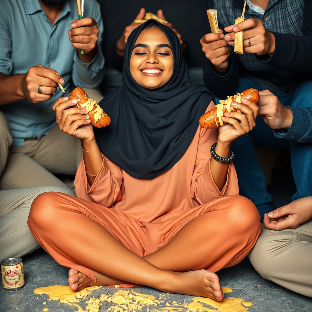A hot Sri Lankan hijabi girl with a stunning makeup look resembling Mymunah from TikTok, sitting cross-legged and smiling blissfully with her eyes closed