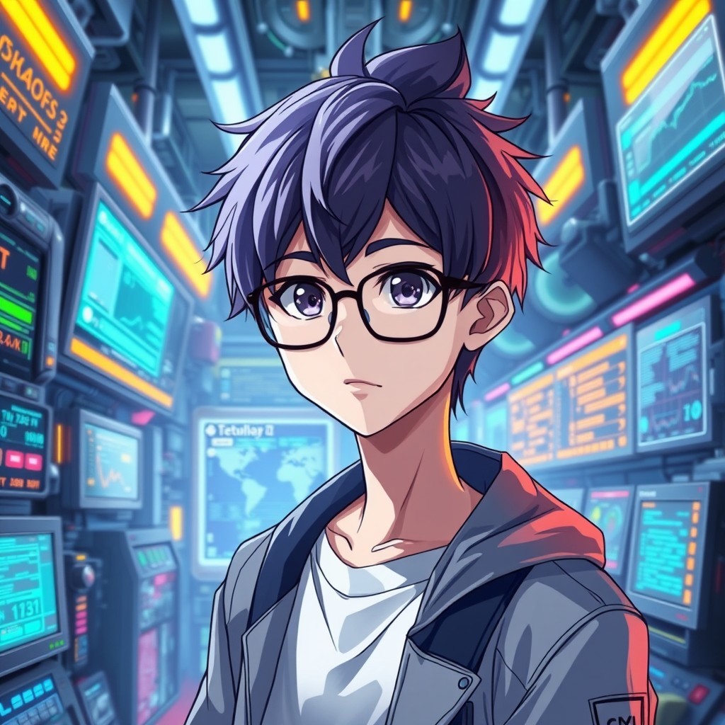 An intelligent anime character, featuring a young adult with striking features, glasses perched on their nose, and a thoughtful expression