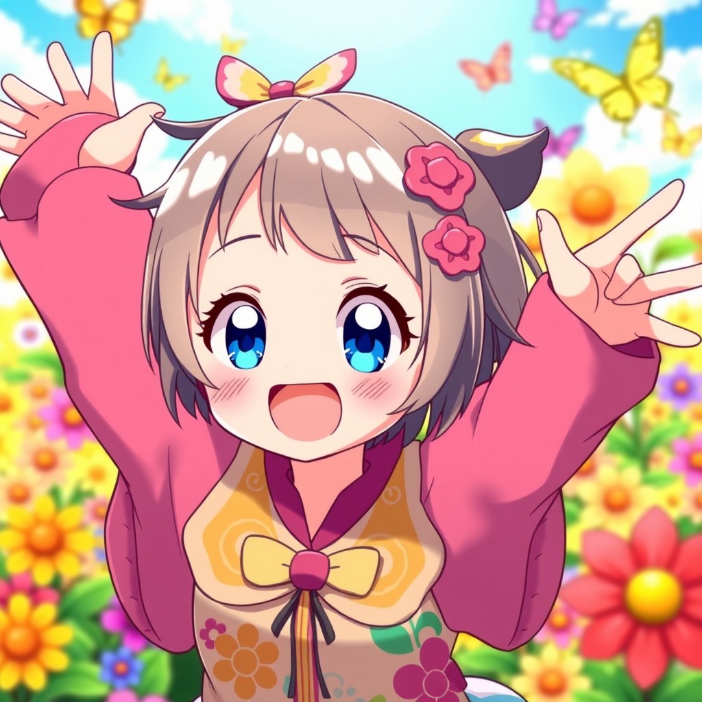 A joyful anime character with bright, expressive eyes and a cheerful smile
