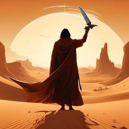 A 4K logo image of Paul Muaddib Atreides from Dune, raising his crisknife in a desert environment. Incorporate the phrase 'May Thy Knife chip and shatter' into the design, ensuring its suitability for t-shirt merchandise.