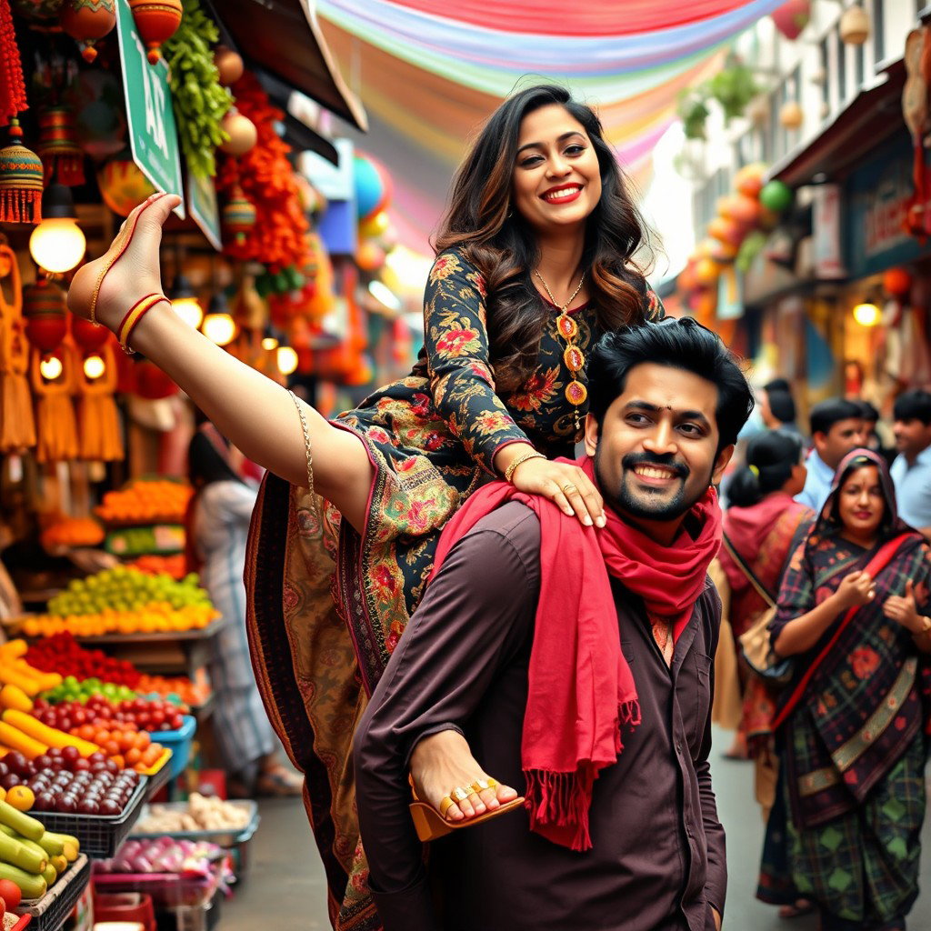 A Pakistani woman with curvy legs sitting playfully on the shoulder of a man, both enjoying a vibrant market scene