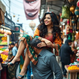 A Pakistani woman with curvy legs sitting playfully on the shoulder of a man, both enjoying a vibrant market scene