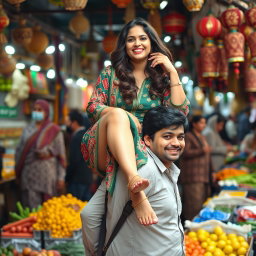 A Pakistani woman with curvy legs sitting playfully on the shoulder of a man, both enjoying a vibrant market scene