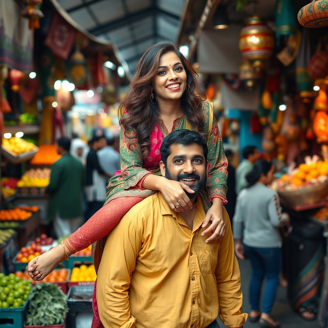 A Pakistani woman with curvy legs sitting playfully on the shoulder of a man, both enjoying a vibrant market scene