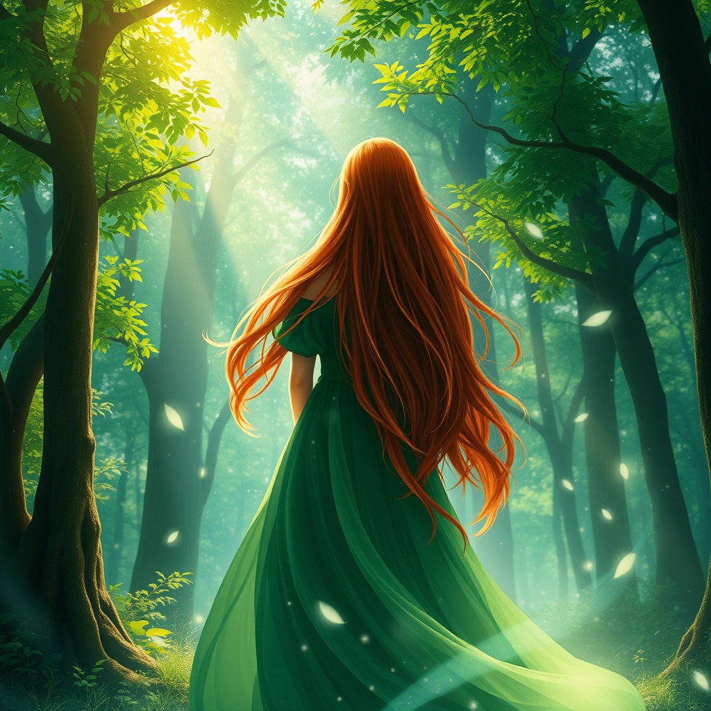 A fantasy cover featuring a girl with long, fiery red hair wearing a flowing green dress
