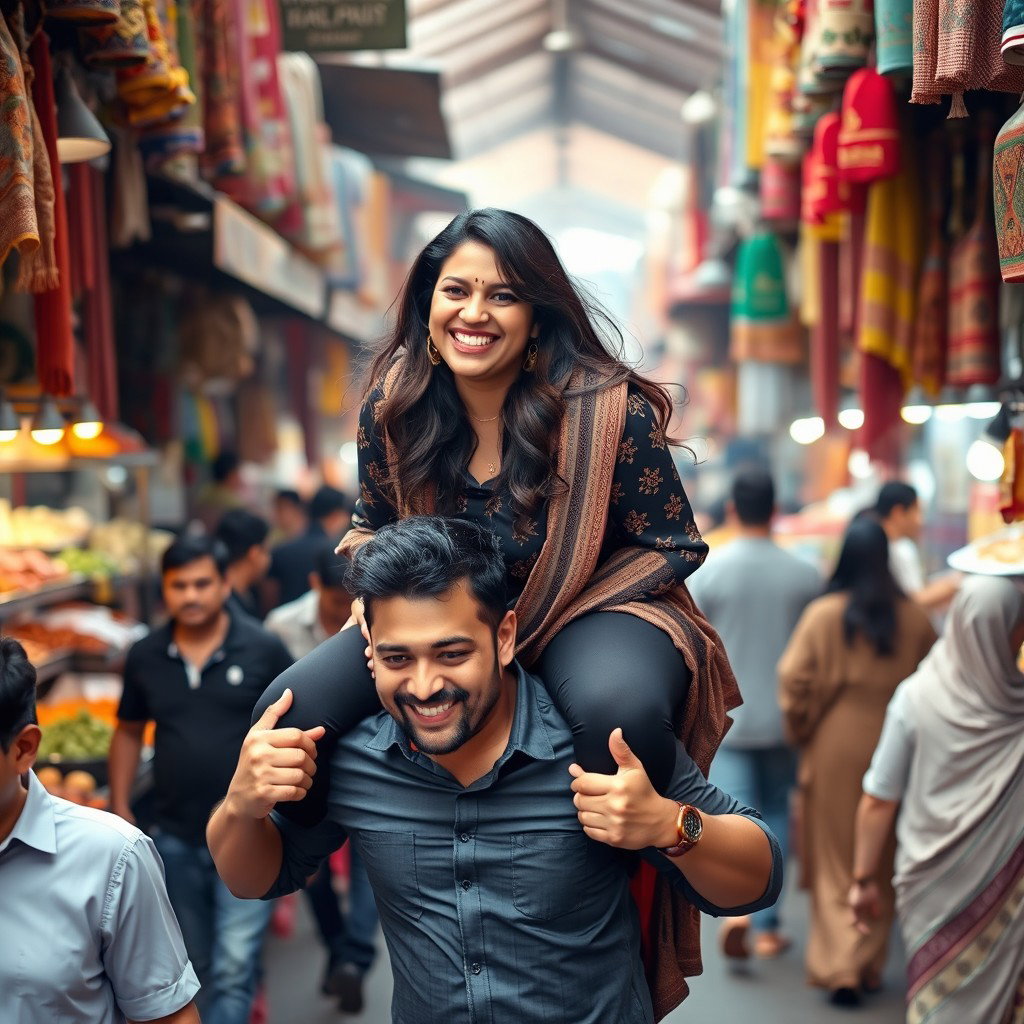 A confident Pakistani plus-sized woman joyfully riding on a man's shoulders as they navigate through a busy market