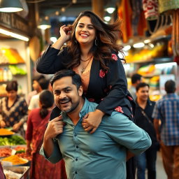 A confident Pakistani plus-sized woman joyfully riding on a man's shoulders as they navigate through a busy market