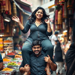 A confident Pakistani plus-sized woman joyfully riding on a man's shoulders as they navigate through a busy market