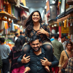 A confident Pakistani plus-sized woman joyfully riding on a man's shoulders as they navigate through a busy market