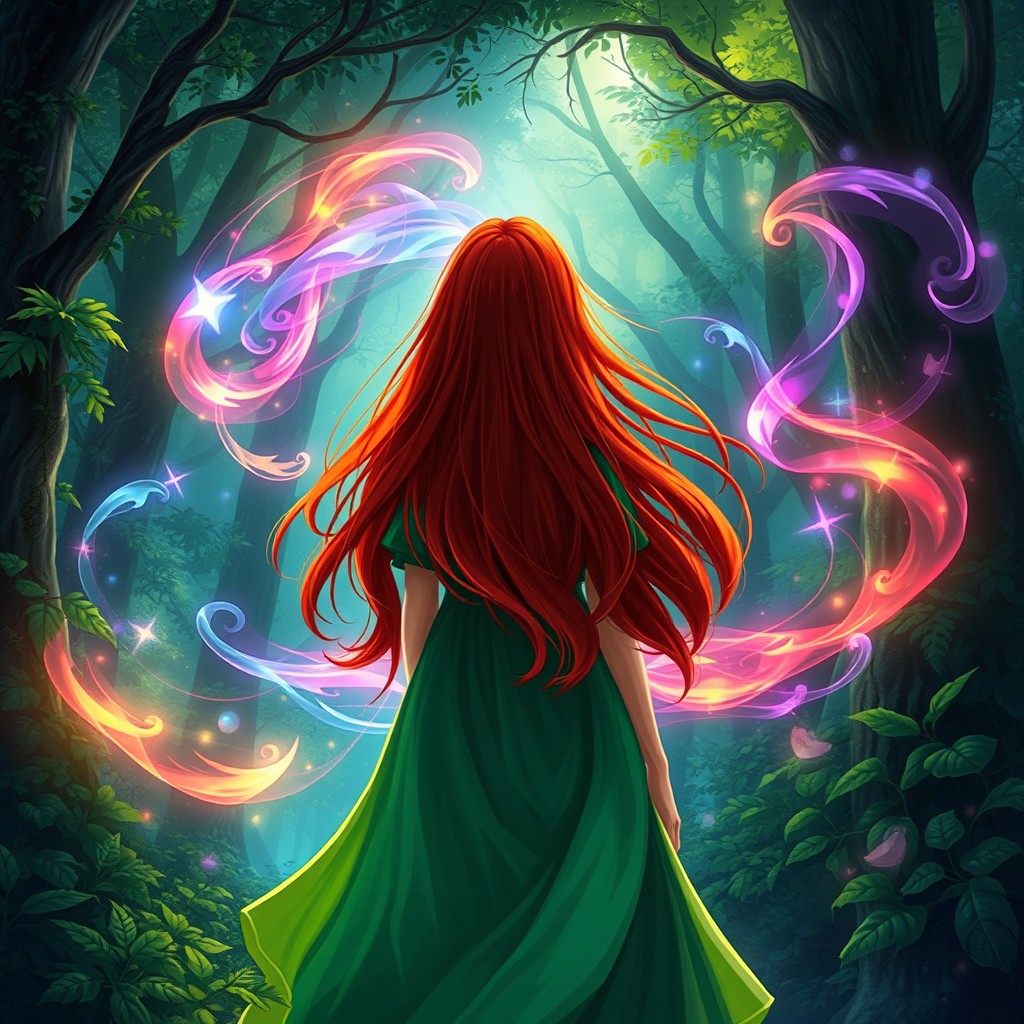 A fantasy cover illustration featuring a girl with long red hair wearing a flowing green dress, standing with her back to the viewer in an enchanting forest