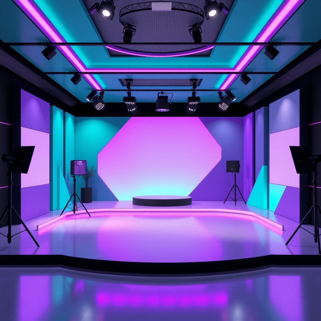 A modern and stylish video studio background featuring a sleek design with a combination of vibrant colors like teal, purple, and black