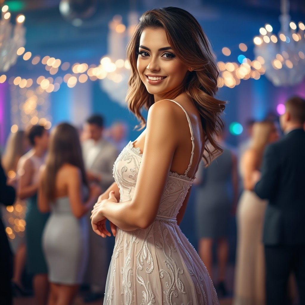 A stunning young woman styled as a fashion-forward model, gracefully posing in an elegant party dress that features delicate lace and shimmering sequins