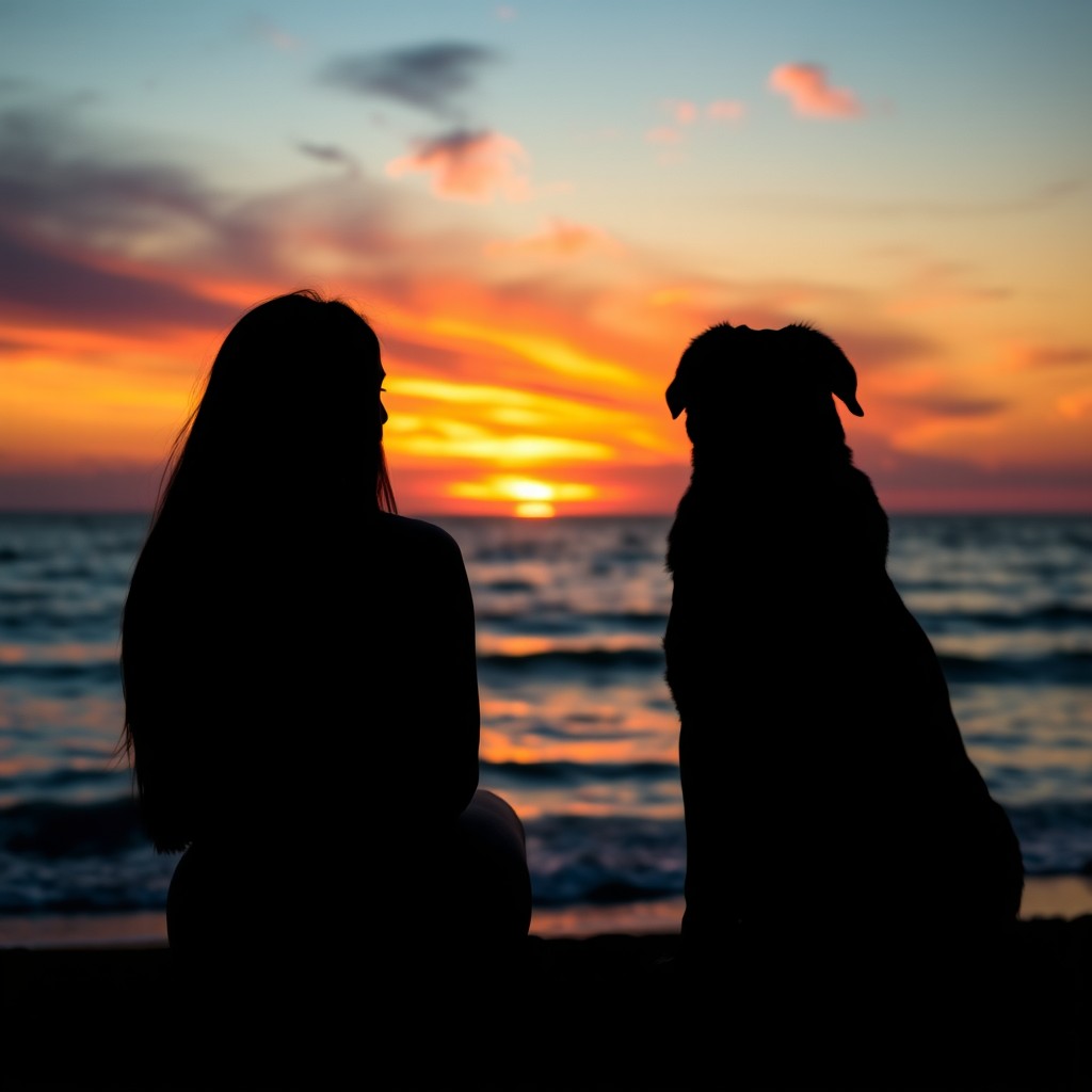A breathtaking sunset landscape with vivid colors illuminating the sky, featuring the silhouette of a long-haired woman sitting by the sea, gazing thoughtfully into the horizon