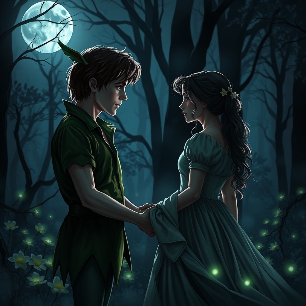 A dark romance scene featuring Peter Pan and Wendy, set in an enchanted and moody Neverland forest