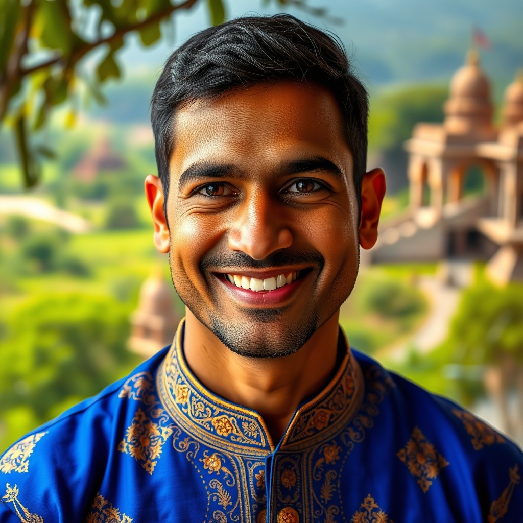 A portrait of a man in his 30s from India, showcasing a warm smile and deep-set eyes