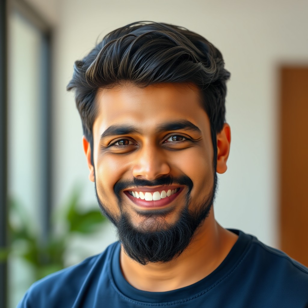 A portrait of an Indian man in his 30s with a well-groomed, trimmed beard