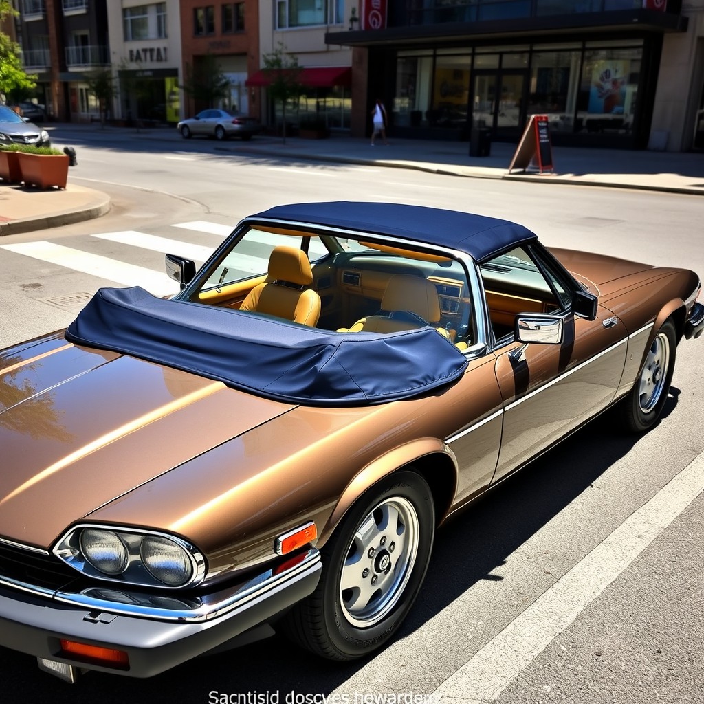 A beautiful 1990 Jaguar XJS convertible painted in a stunning tungsten color, featuring a luxurious goldenrod leather interior that sparkles in the daylight