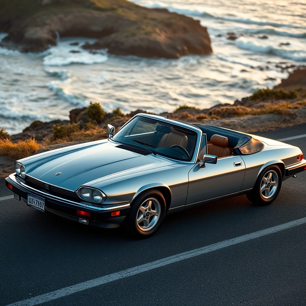 A magnificent 1990 Jaguar XJS convertible painted in a striking talisman silver, featuring an opulent goldenrod leather interior that radiates warmth