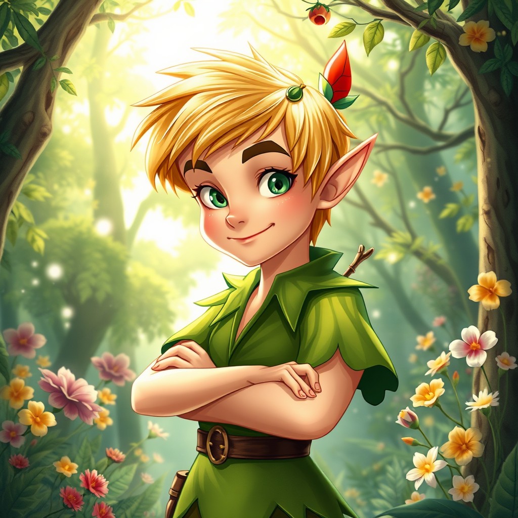 A reimagined illustration of Peter Pan, featuring him with striking blonde hair and vibrant green eyes