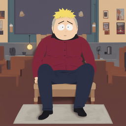 A digital art image depicting Gojo Satoru from Jujutsu Kaisen in the classic South Park style