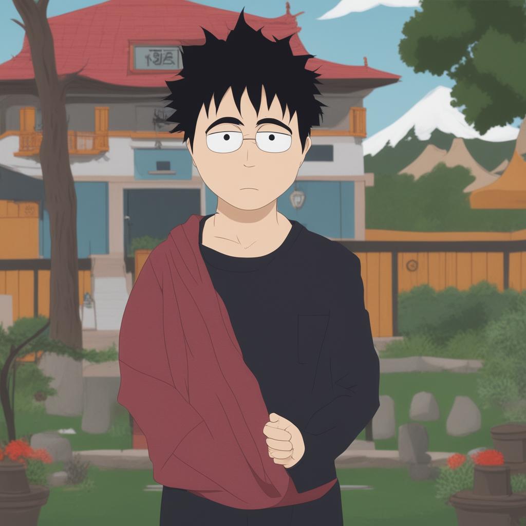 A digital art image depicting Gojo Satoru from Jujutsu Kaisen in the classic South Park style