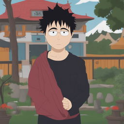 A digital art image depicting Gojo Satoru from Jujutsu Kaisen in the classic South Park style