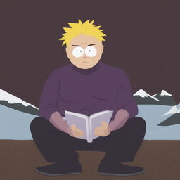 A digital art image depicting Gojo Satoru from Jujutsu Kaisen in the classic South Park style