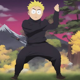 A digital art image depicting Gojo Satoru from Jujutsu Kaisen in the classic South Park style