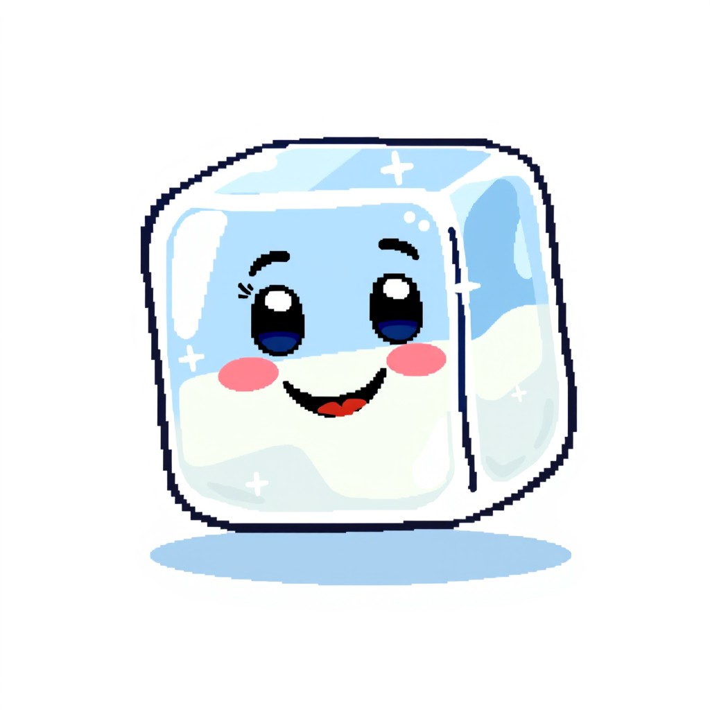 A happy ice cube character, featuring a friendly smile and cute eyes, designed in a colorful and playful style