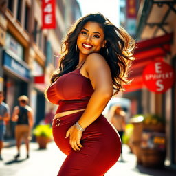 A confident and voluptuous woman with a curvy figure, featuring a plump bust and wide hips