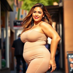 A confident and voluptuous woman with a curvy figure, featuring a plump bust and wide hips