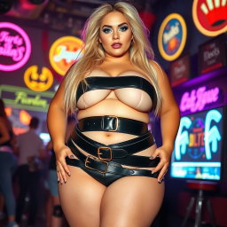 A full-length photograph of an ultra-curvy woman with an exaggerated hourglass shape, featuring ultra-wide thick curvy hips, huge round barrel-shaped thighs, and plump legs