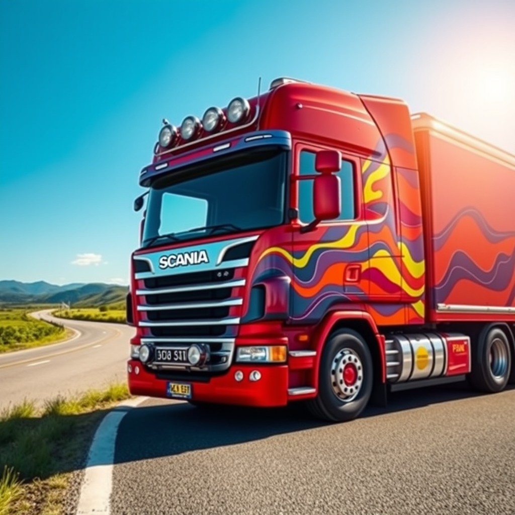 A Scania 141 truck painted in the vibrant colors of PAXgroep, showcasing its iconic design with bold patterns and bright hues