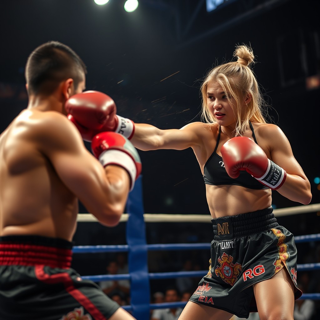 A strong and fierce blonde female Muay Thai boxer in an intense action scene, delivering a powerful knockout punch to her male opponent in a dynamic fight setting