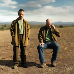 Jesse Pinkman and Walter White from Breaking Bad, appearing dejected on a farm, while smoking cigarettes