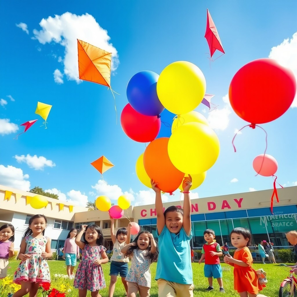 A vibrant and colorful school playground on Children's Day, filled with happy children of diverse backgrounds, joyfully holding brightly colored balloons and flying kites