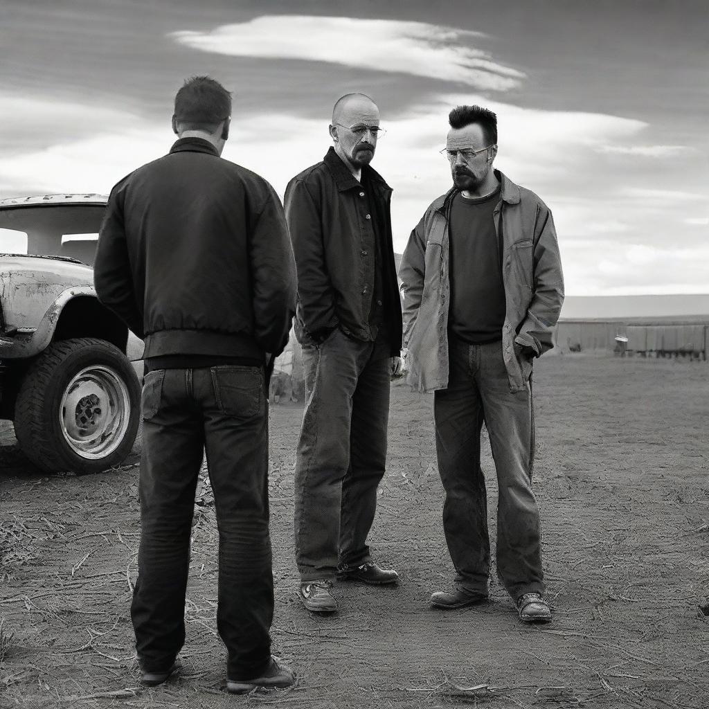 Jesse Pinkman and Walter White from Breaking Bad, appearing dejected on a farm, while smoking cigarettes