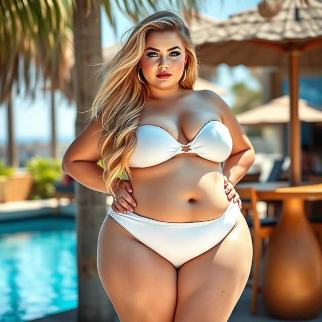 A full-length photograph of a plump and very beautiful young woman, embodying a cute and innocent look with ultra-wide thick curvy rounded hips and huge thick round plump thighs