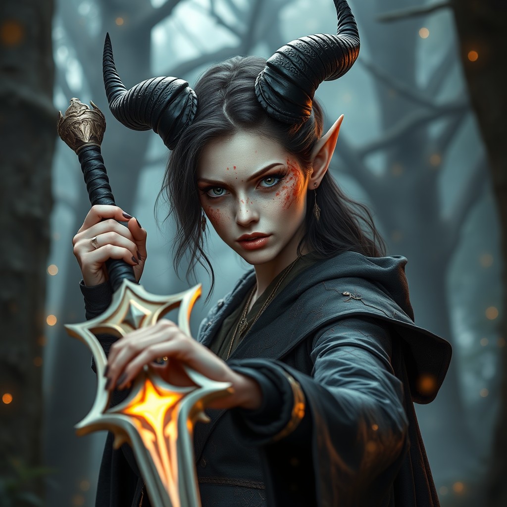 A captivating and fierce young female elf draconic sorcerer bladesinger wizard in her 30s, showcasing her unique features including pale fair skin speckled with red dragon scales, and prominent demon-like black horns adorning her head