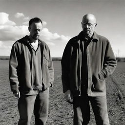 Jesse Pinkman and Walter White from Breaking Bad, appearing dejected on a farm, while smoking cigarettes