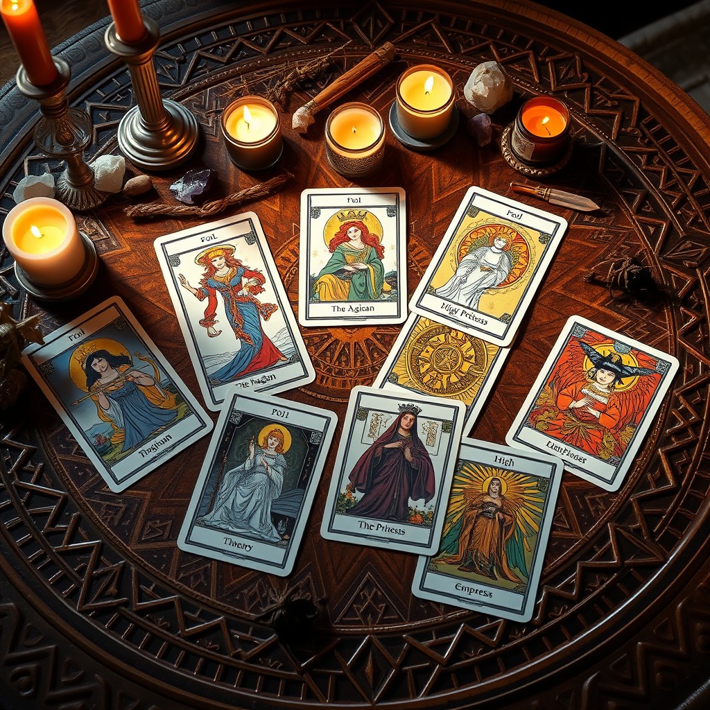 A beautifully illustrated tarot card spread laid out on an intricately designed wooden table, showcasing vibrant and colorful artwork
