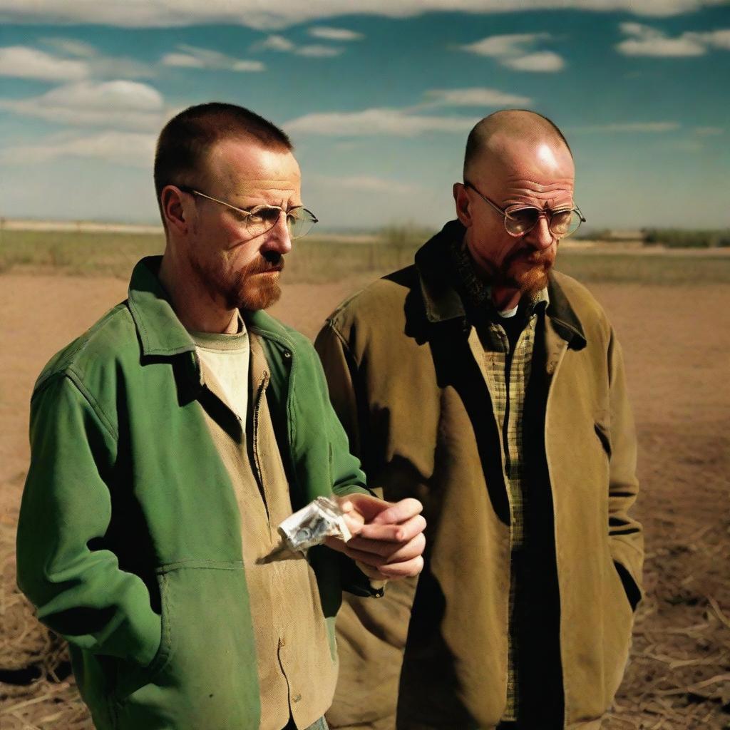 Jesse Pinkman and Walter White from Breaking Bad, appearing dejected on a farm, while smoking cigarettes