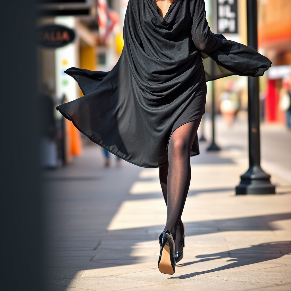 A woman dressed in a thick black chadori, gracefully wearing black tights and stylish black high heels, walking confidently on a bustling sidewalk