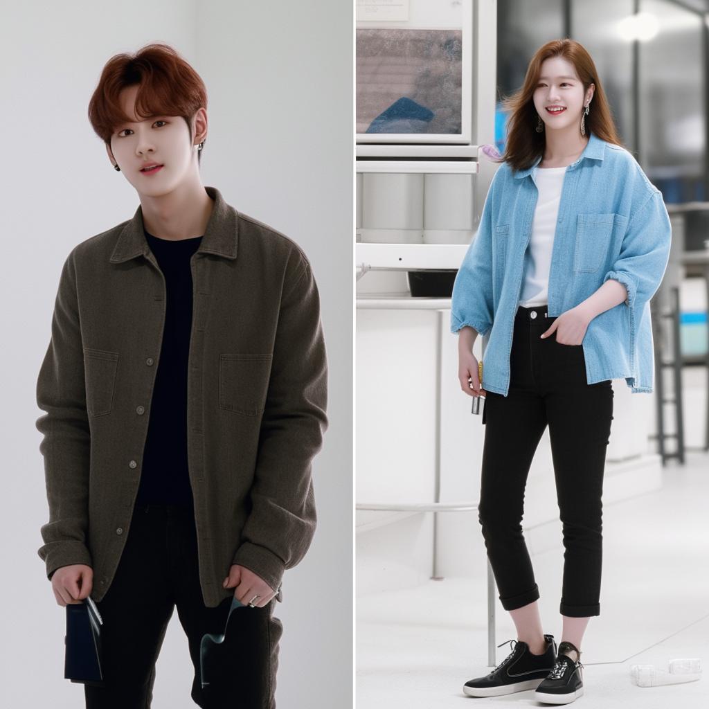 Beomgyu from TXT in a casual yet stylish attire standing next to his girlfriend, dressed in a trendy and fashionable outfit