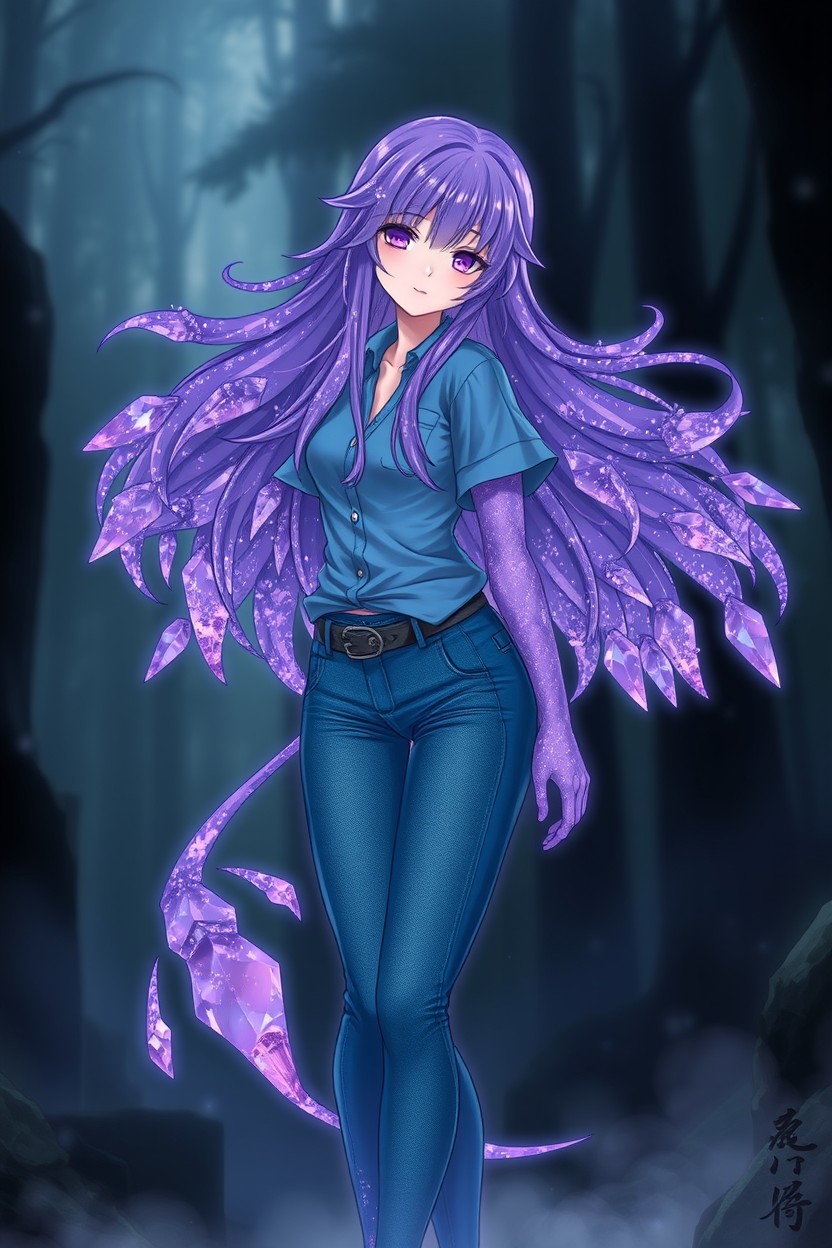 A beautiful Japanese ghost girl with long, flowing hair made of shimmering purple crystals