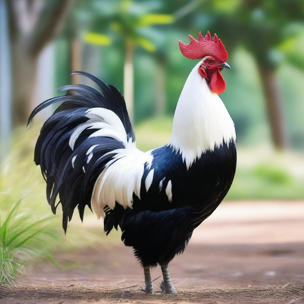 A striking photograph of a real rooster showcasing unique panda-like coloration