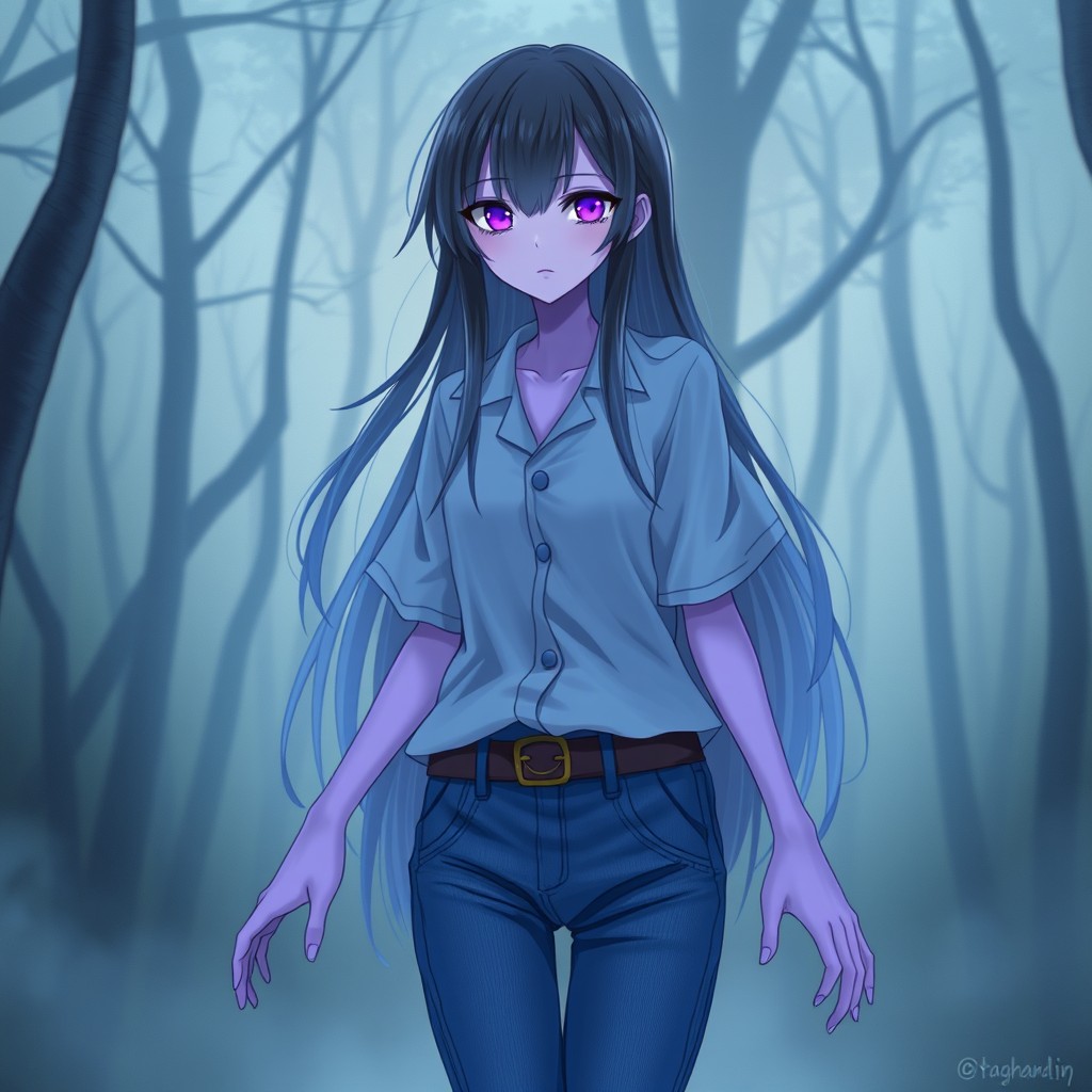 A Japanese ghost girl with long hair, wearing blue clothing consisting of a shirt and jeans