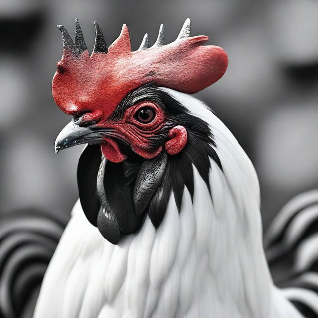 A striking photograph of a real rooster showcasing unique panda-like coloration