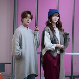 Beomgyu from TXT in a casual yet stylish attire standing next to his girlfriend, dressed in a trendy and fashionable outfit